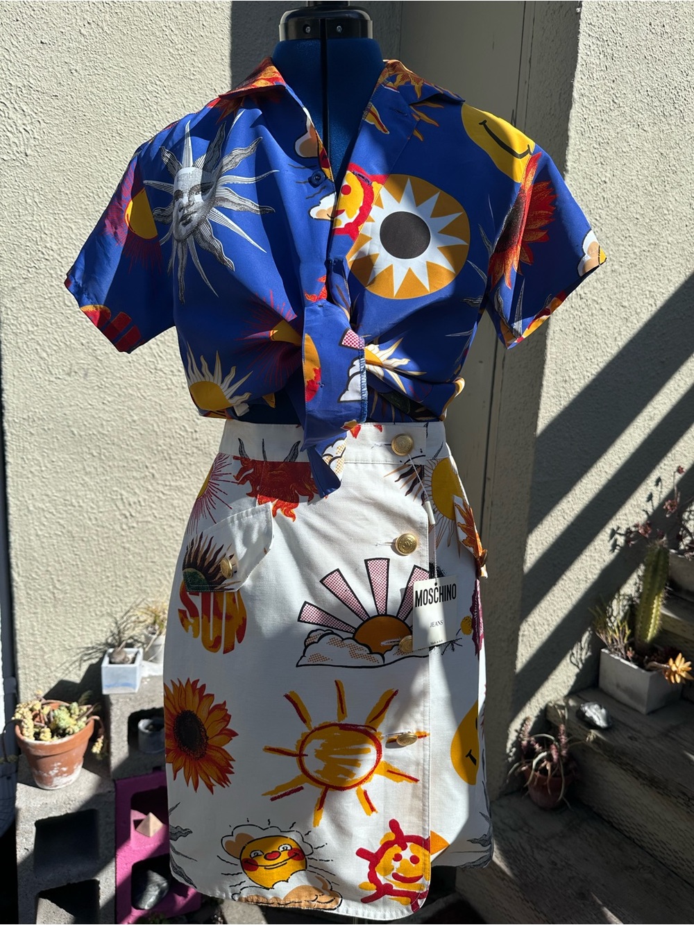Rare Vintage 90’s Moschino White Celestial Sun & Floral Print Mini Skirt